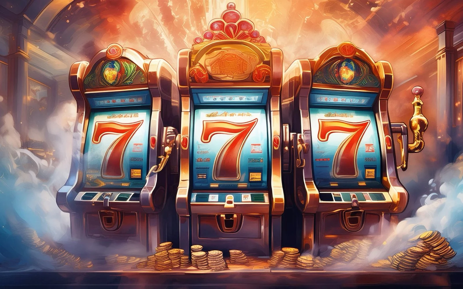Layar slot digital dengan reel, tombol putar, dan simbol bonus