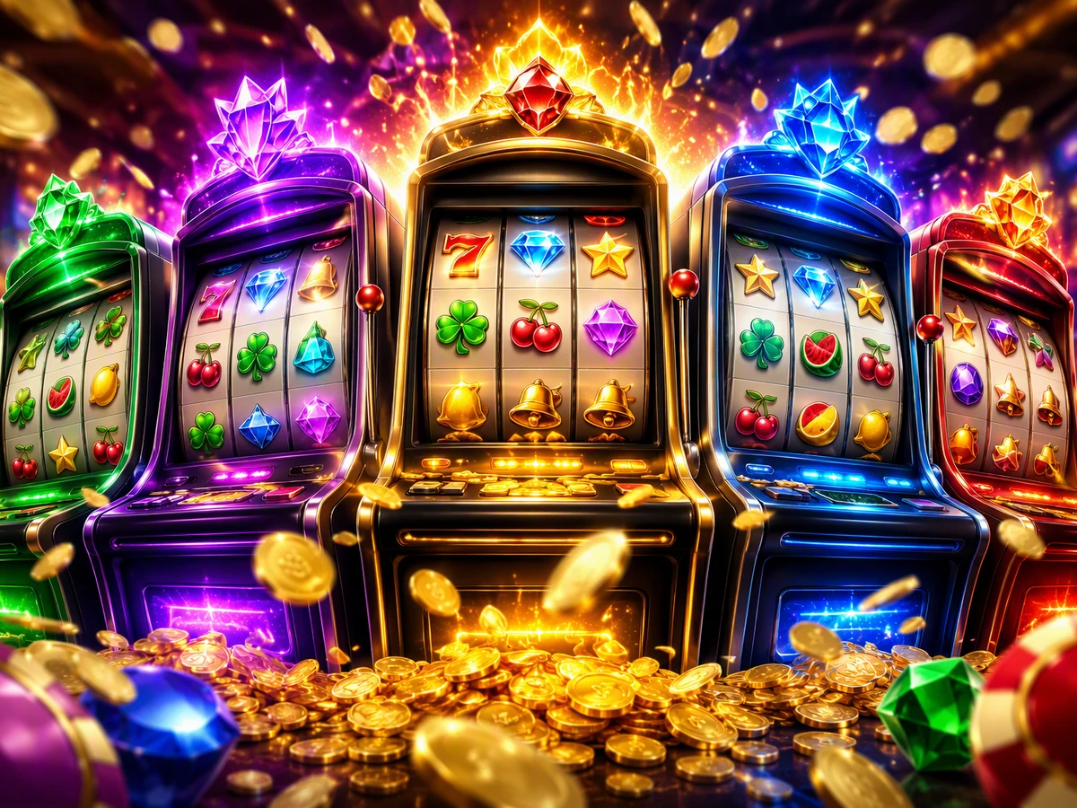 Tampilan permainan slot dengan gulungan dan simbol warna-warni